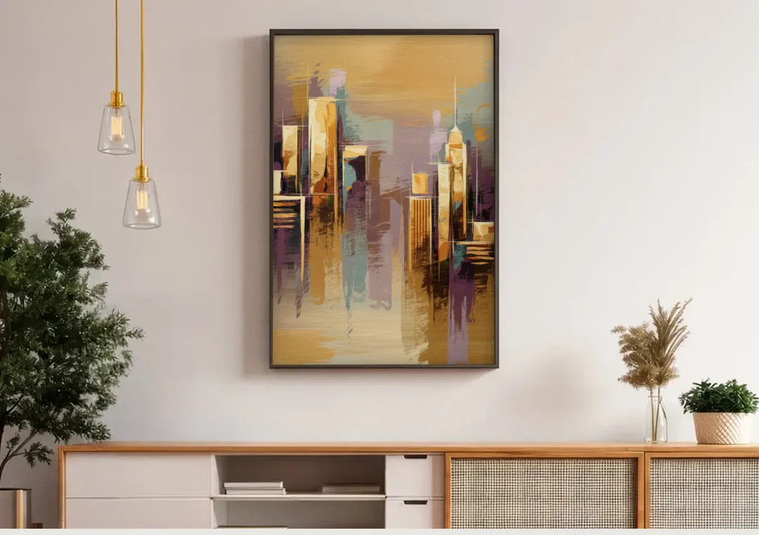 Kansas City Downtown Panorama canvas wall art above a wooden sideboard under pendant lights