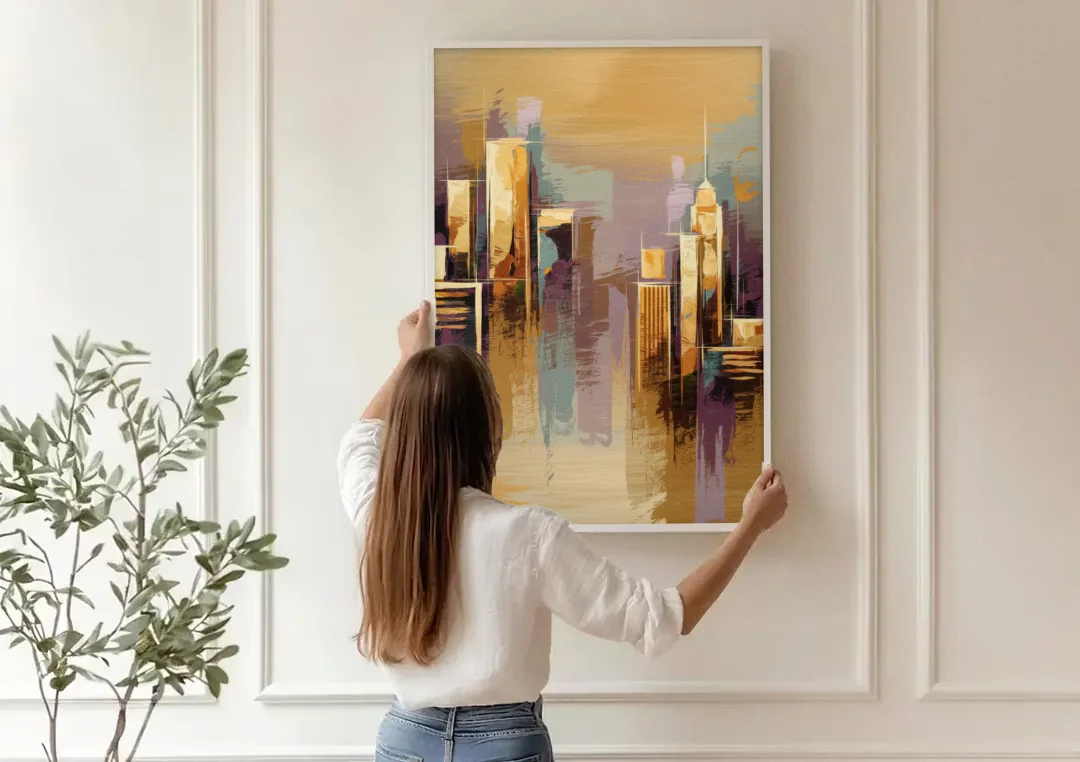 Kansas City Downtown Panorama canvas wall art being hung on a paneled wall