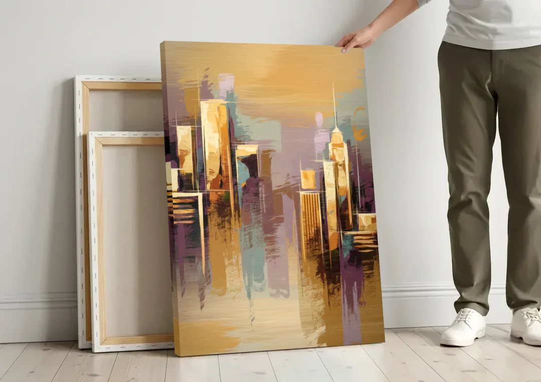 Kansas City Downtown Panorama canvas wall art leaning against a wall next to blank canvases