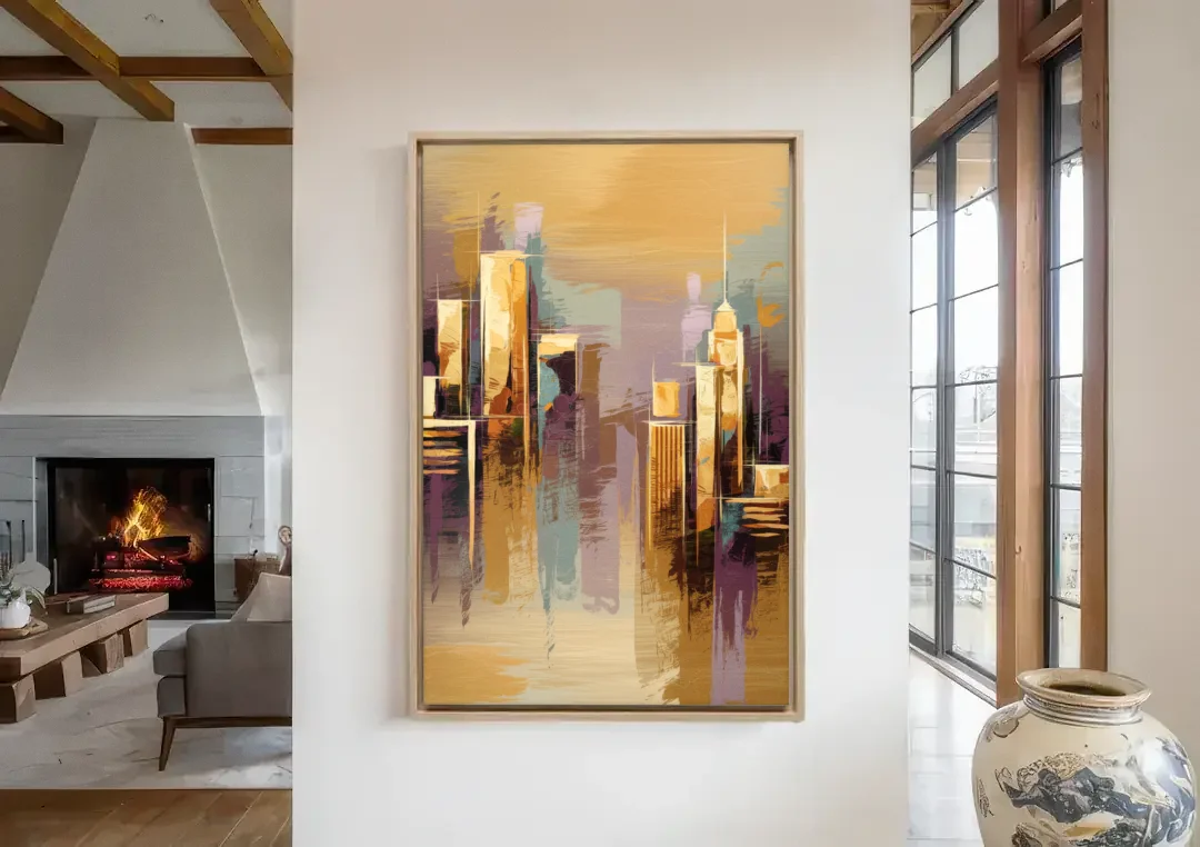 Kansas City Downtown Panorama canvas wall art in a living room with a fireplace
