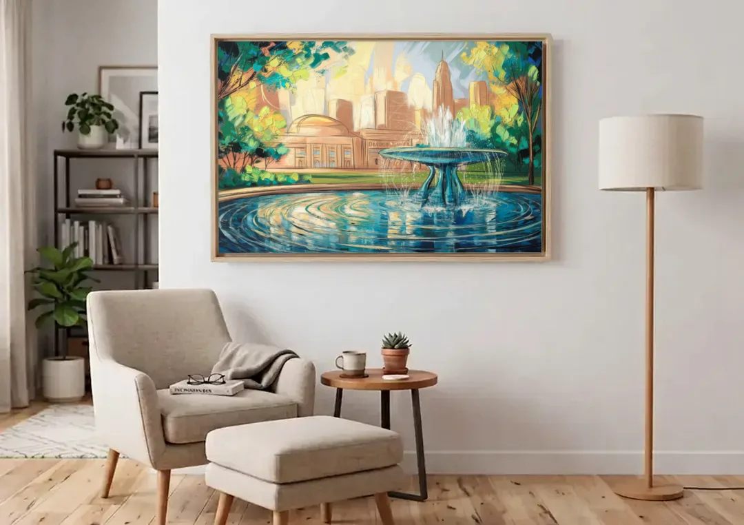 Kansas City Fountains And Parks canvas wall art above an armchair in a bright living room