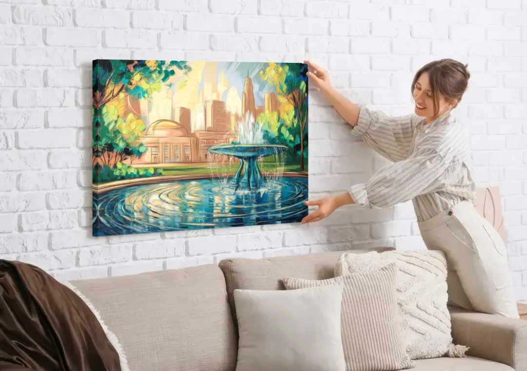 Kansas City Fountains And Parks canvas wall art being hung on a white brick wall above a sofa