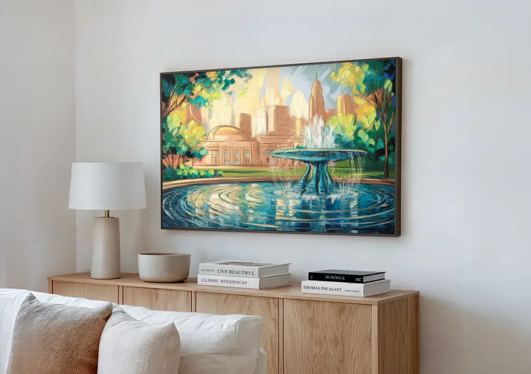 Kansas City Fountains And Parks canvas wall art above a wooden sideboard next to a sofa
