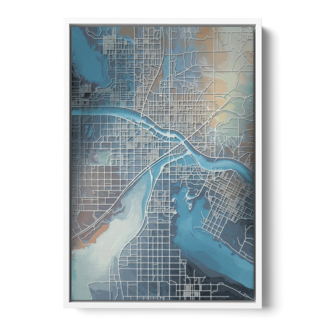 Kansas City Missouri Map - White Framed Canvas Wall Art - Front