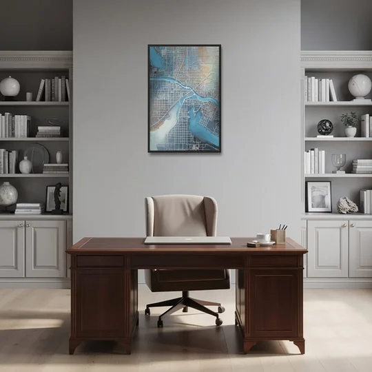 Kansas City Missouri Map - Black Framed Canvas Wall Art - Office - 24x36