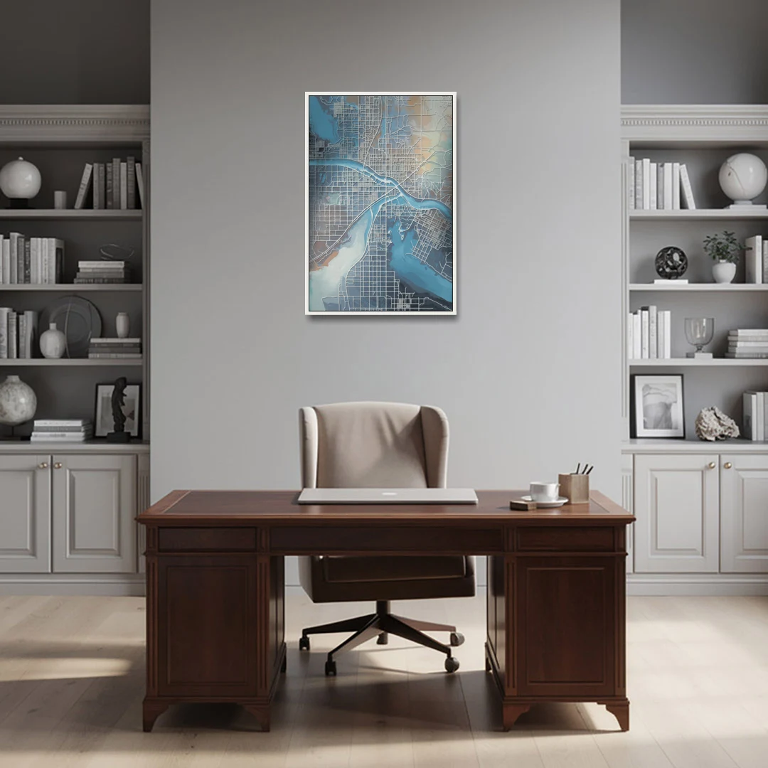Kansas City Missouri Map - White Framed Canvas Wall Art - Office - 24x36