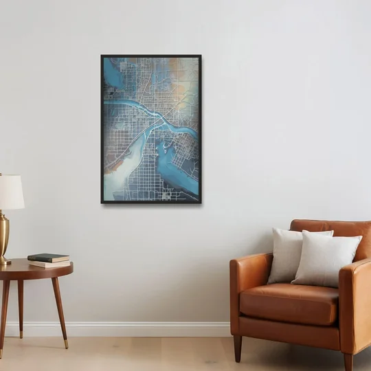 Kansas City Missouri Map - Black Framed Canvas Wall Art - Sofa - 24x36