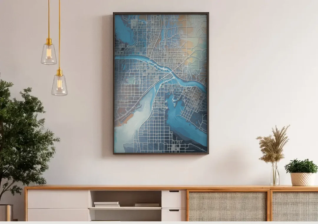 Kansas City Missouri Map canvas wall art above a wooden sideboard under pendant lights