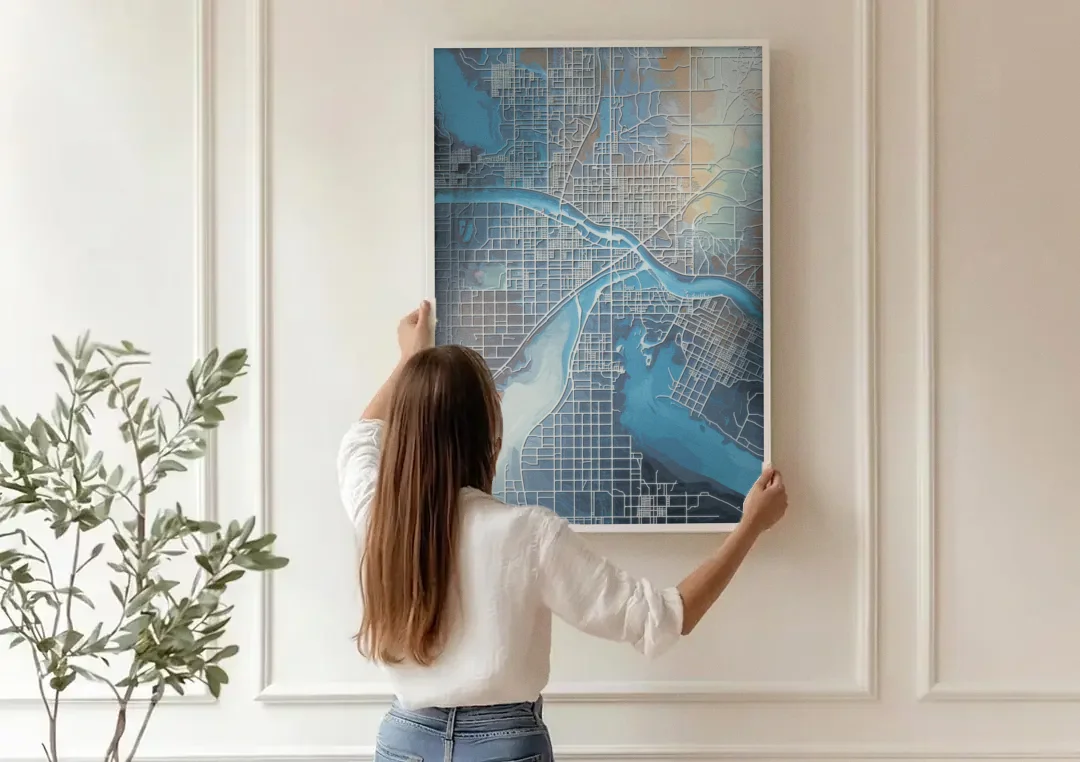 Kansas City Missouri Map canvas wall art being hung on a paneled wall
