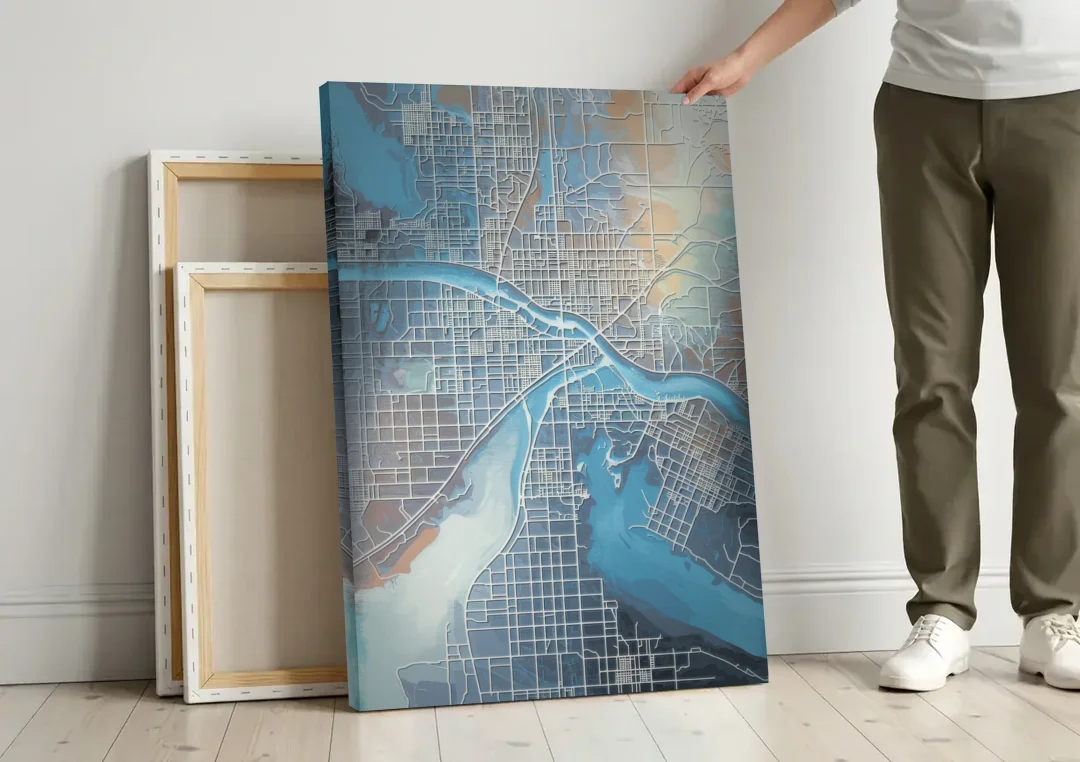 Kansas City Missouri Map canvas wall art leaning against a wall next to blank canvases