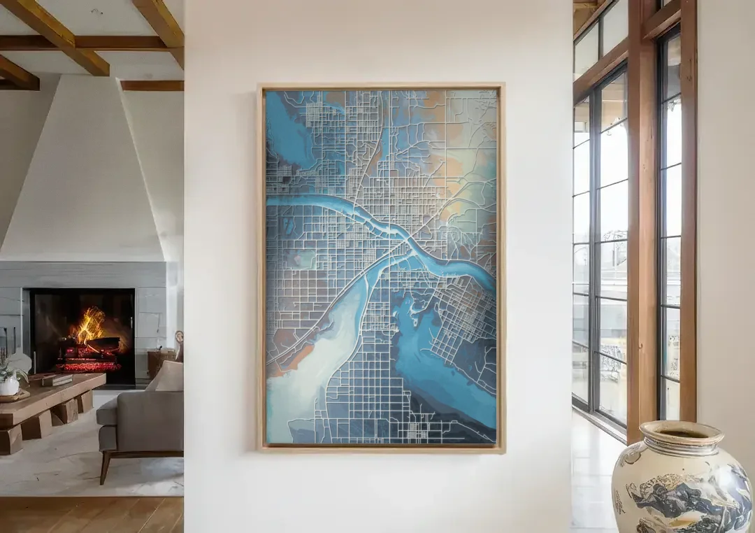 Kansas City Missouri Map canvas wall art in a living room with a fireplace