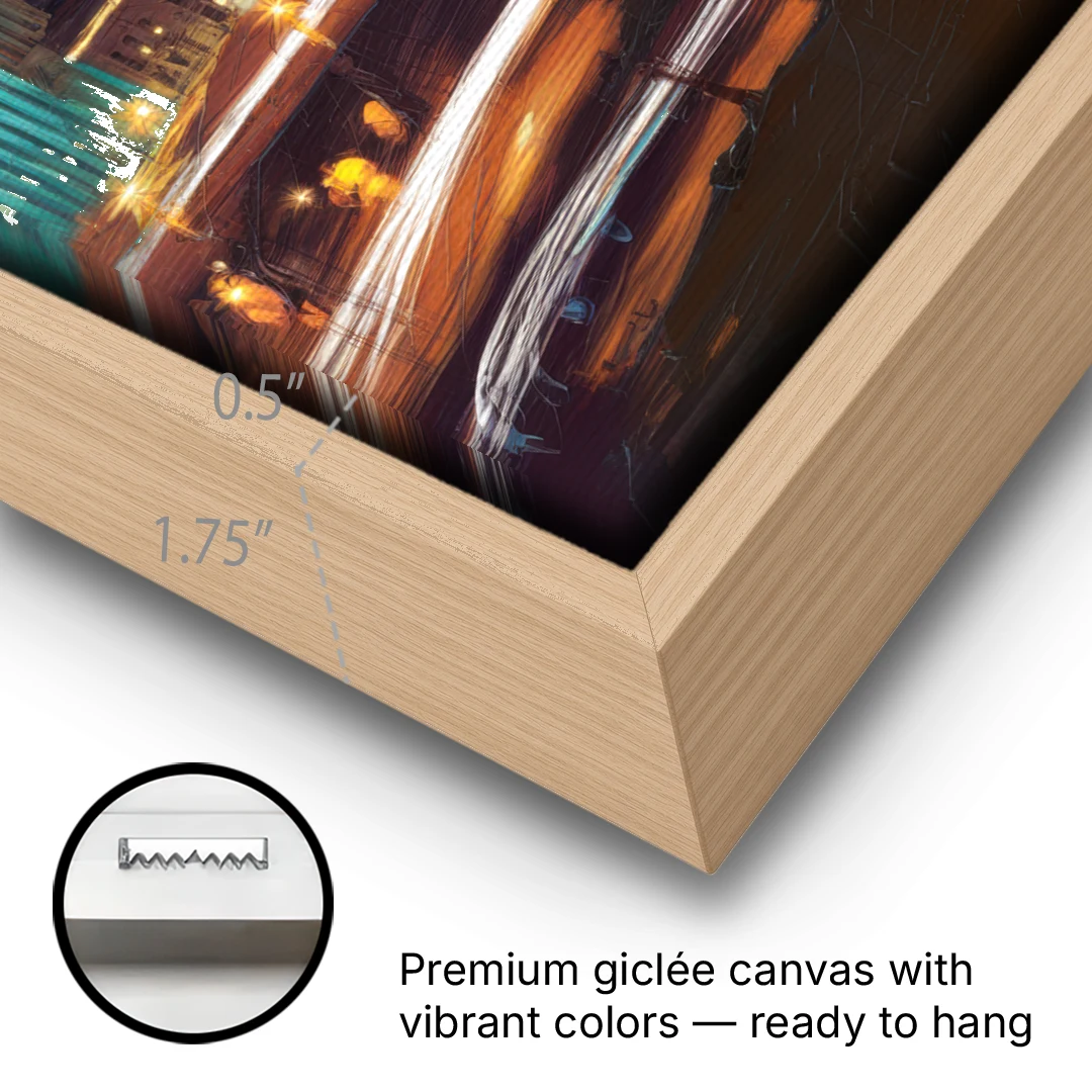 Kansas City Nighttime Skyline - Oak Framed Canvas Wall Art - Gallery Wrap Corner