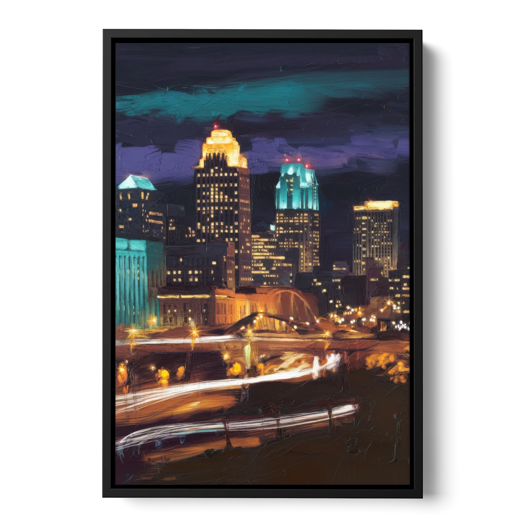 Kansas City Nighttime Skyline - Black Framed Canvas Wall Art - Front