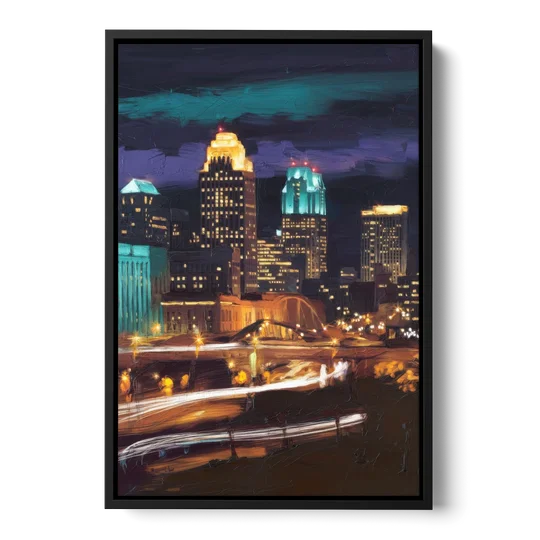 Kansas City Nighttime Skyline - Black Framed Canvas Wall Art - Front