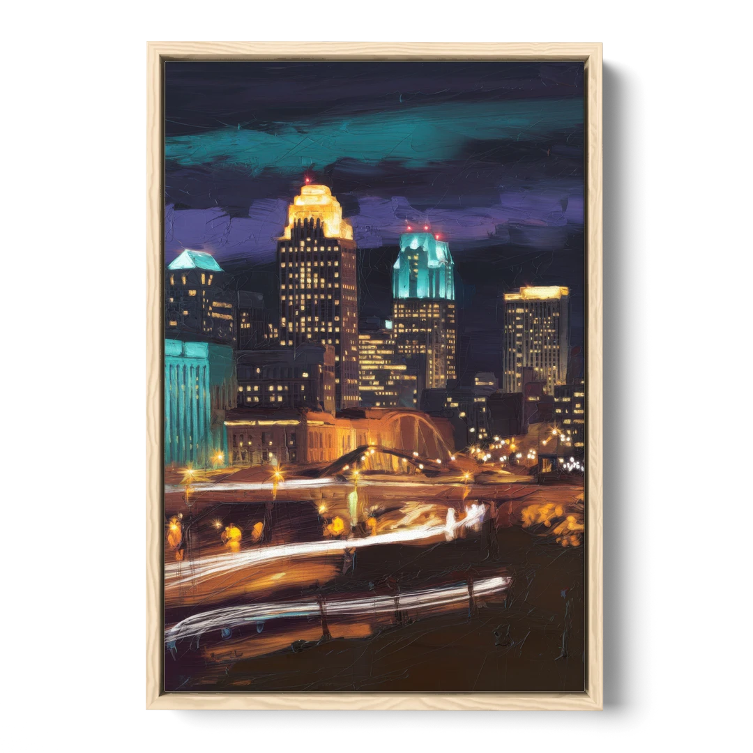 Kansas City Nighttime Skyline - Oak Framed Canvas Wall Art - Front