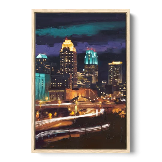 Kansas City Nighttime Skyline - Oak Framed Canvas Wall Art - Front