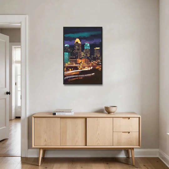 Kansas City Nighttime Skyline - Black Framed Canvas Wall Art - Coffee Table - 24x36