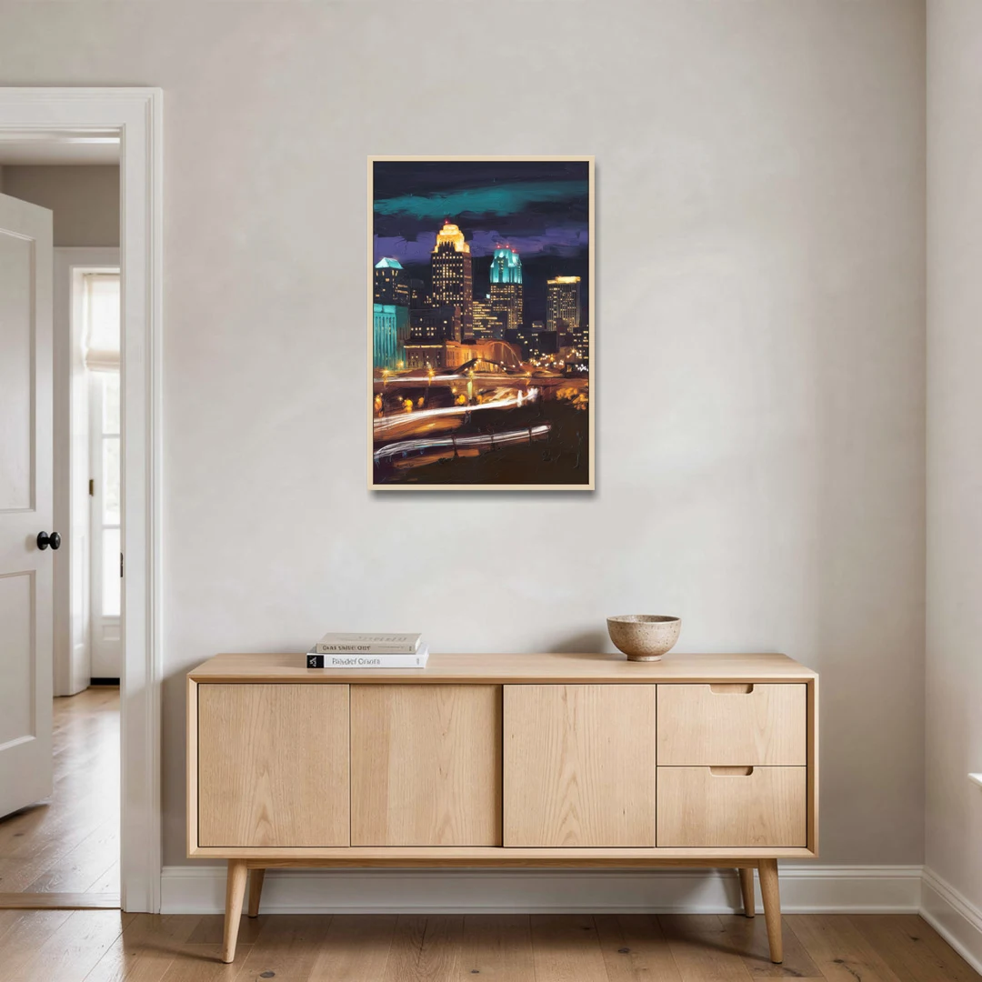 Kansas City Nighttime Skyline - Oak Framed Canvas Wall Art - Coffee Table - 24x36