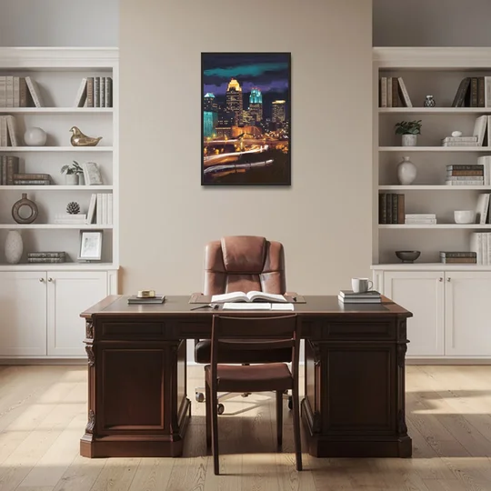 Kansas City Nighttime Skyline - Black Framed Canvas Wall Art - Office - 24x36
