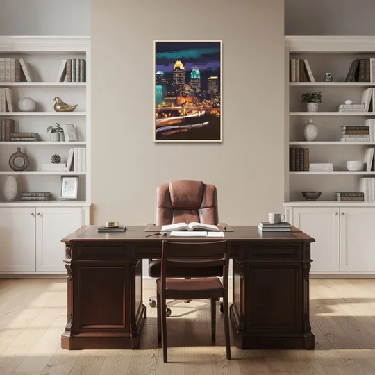 Kansas City Nighttime Skyline - Oak Framed Canvas Wall Art - Office - 24x36