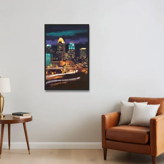 Kansas City Nighttime Skyline - Black Framed Canvas Wall Art - Sofa - 24x36
