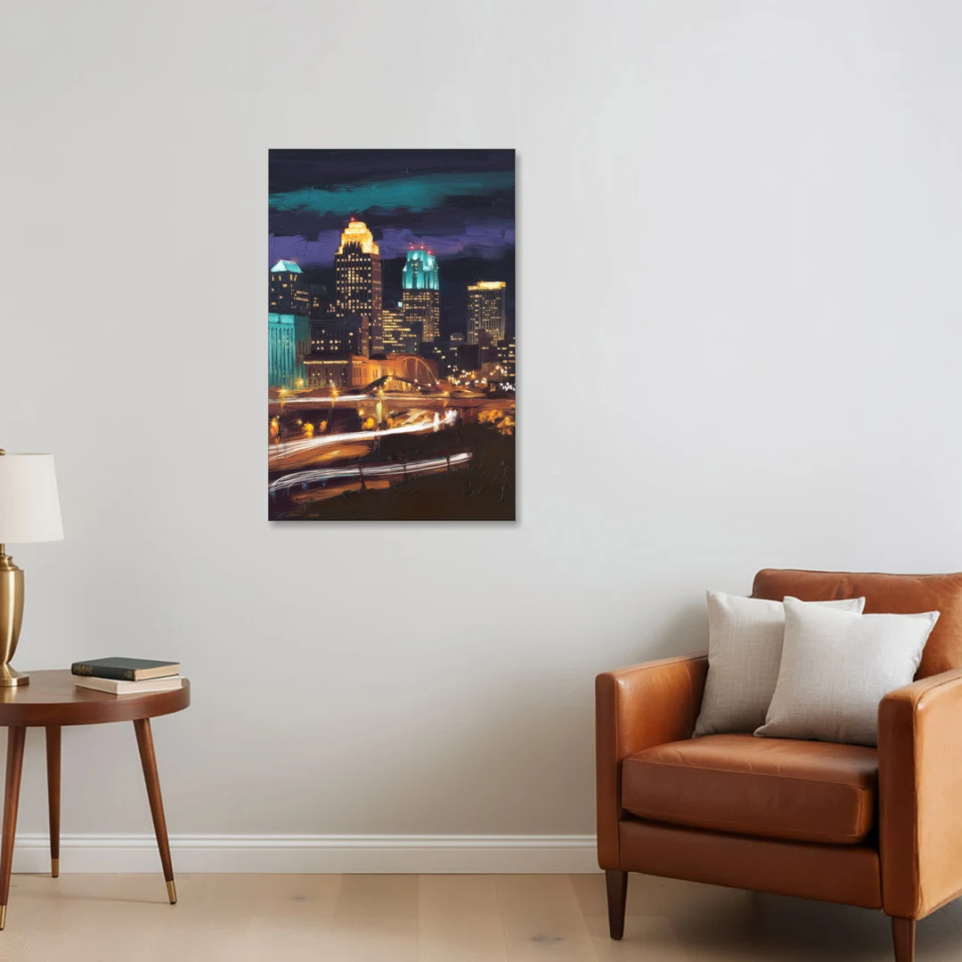 Kansas City Nighttime Skyline - Canvas Wall Art - Sofa - 24x36