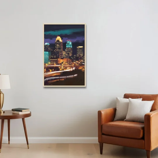 Kansas City Nighttime Skyline - Oak Framed Canvas Wall Art - Sofa - 24x36