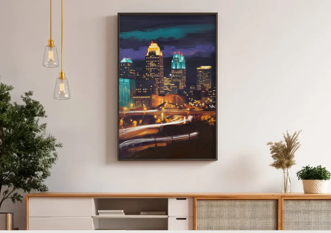 Kansas City Nighttime Skyline canvas wall art above a wooden sideboard under pendant lights