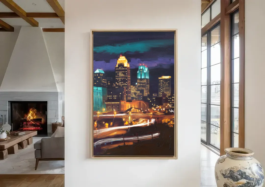Kansas City Nighttime Skyline canvas wall art in a living room with a fireplace