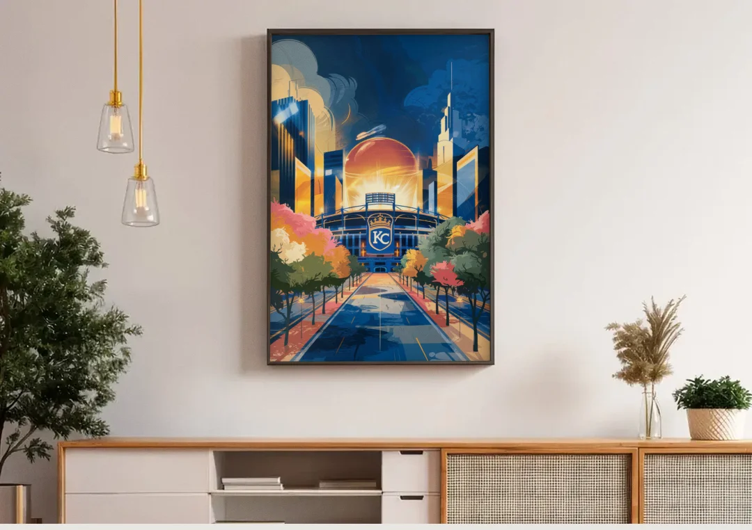 Kansas City Royals Championship canvas wall art above a wooden sideboard under pendant lights