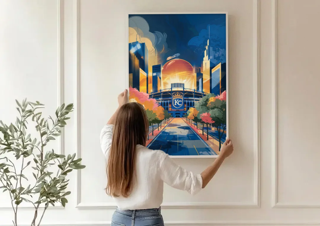 Kansas City Royals Championship canvas wall art being hung on a paneled wall