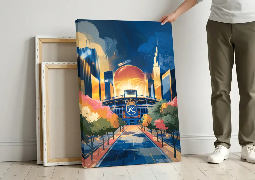Kansas City Royals Championship canvas wall art leaning against a wall next to blank canvases