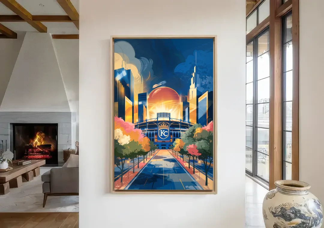 Kansas City Royals Championship canvas wall art in a living room with a fireplace