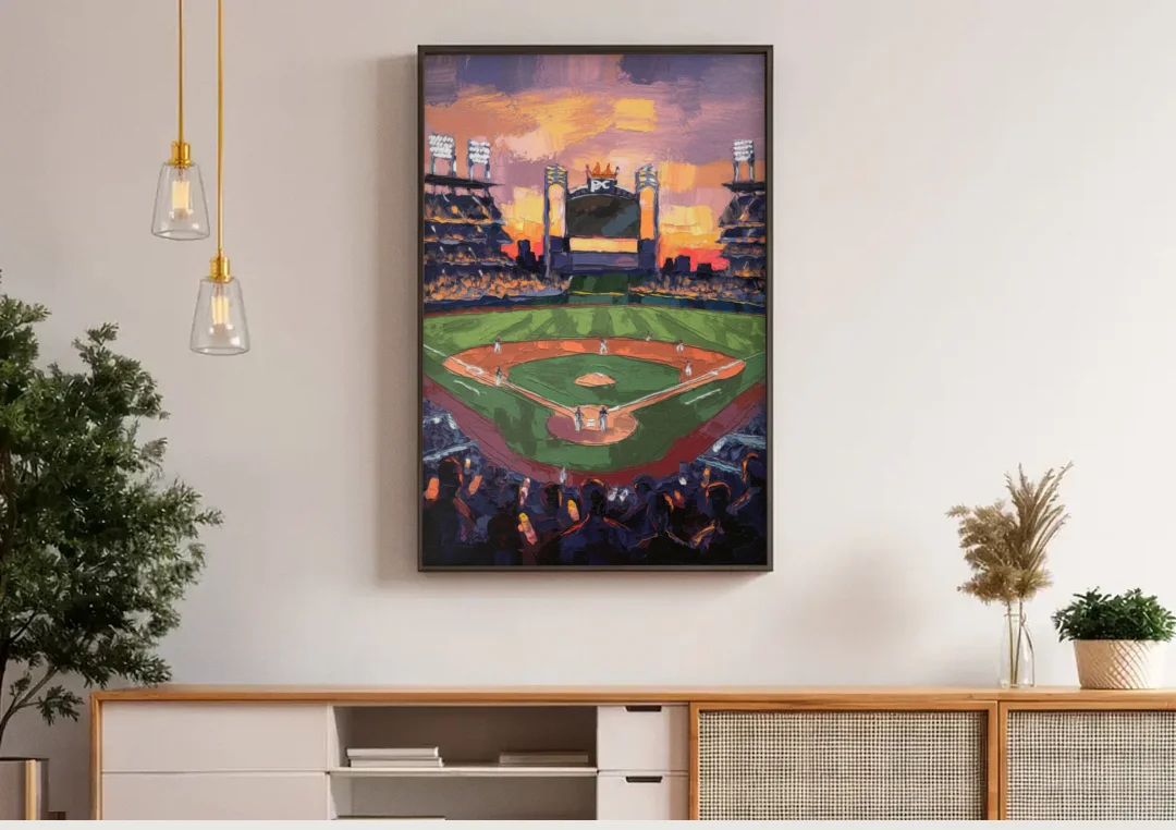 Kansas City Royals Stadium View canvas wall art above a wooden sideboard under pendant lights