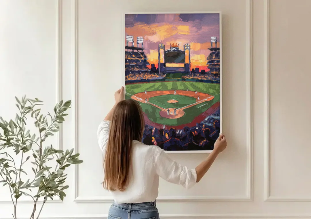 Kansas City Royals Stadium View canvas wall art being hung on a paneled wall