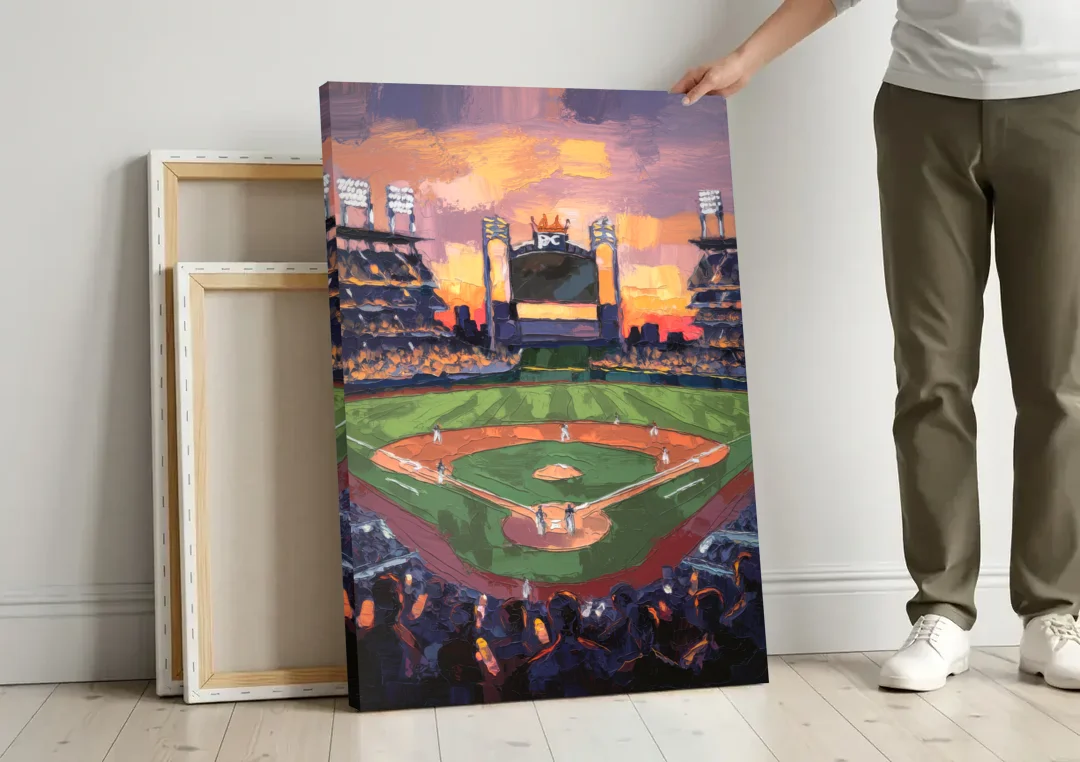 Kansas City Royals Stadium View canvas wall art leaning against a wall next to blank canvases