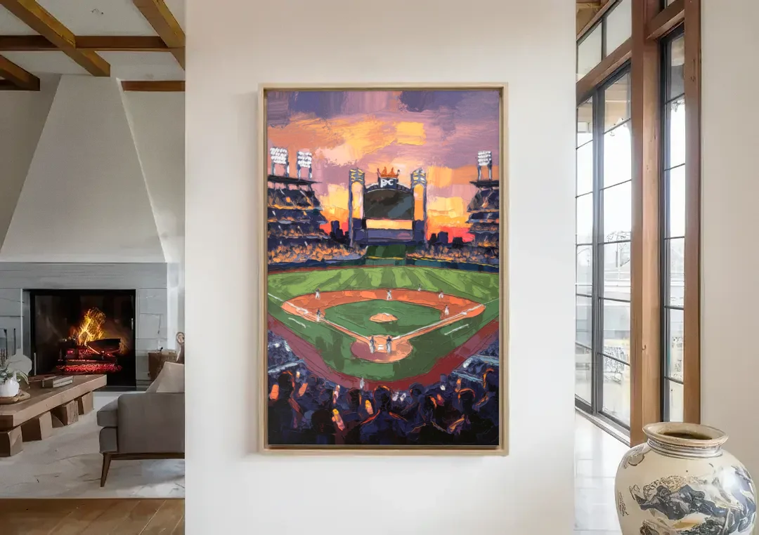 Kansas City Royals Stadium View canvas wall art in a living room with a fireplace