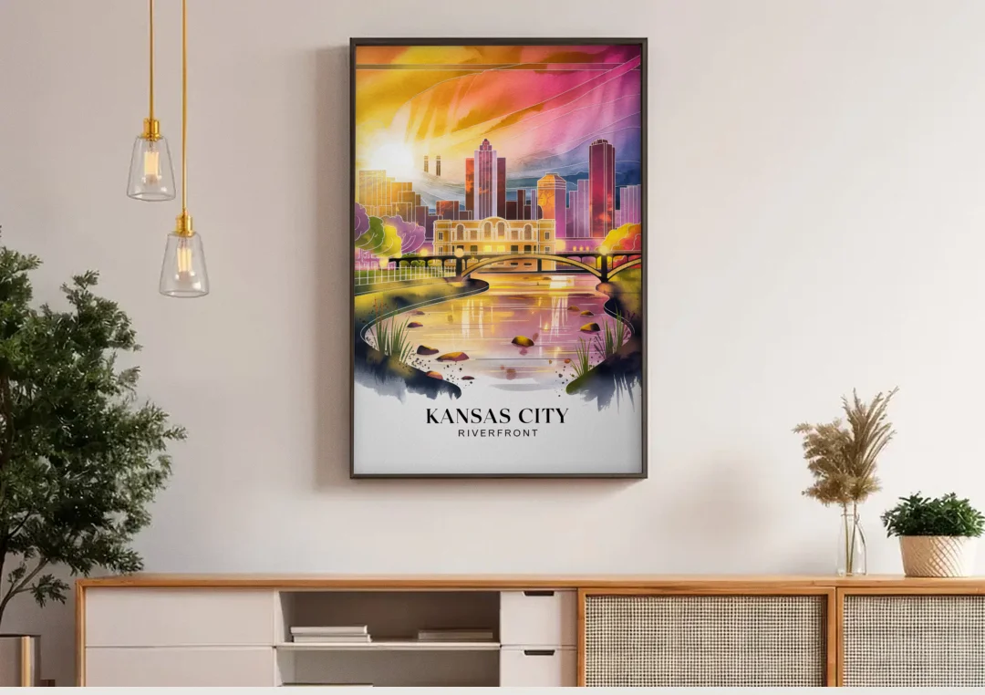 Kansas City Scenic Riverfront canvas wall art above a wooden sideboard under pendant lights
