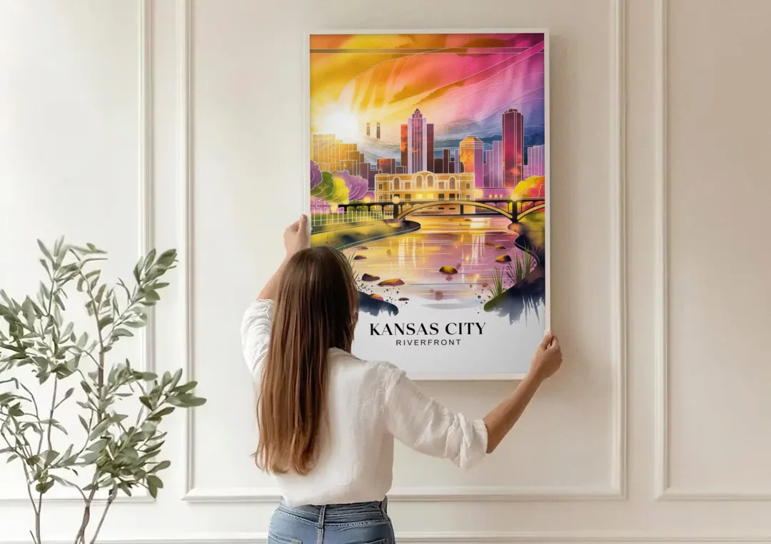 Kansas City Scenic Riverfront canvas wall art being hung on a paneled wall