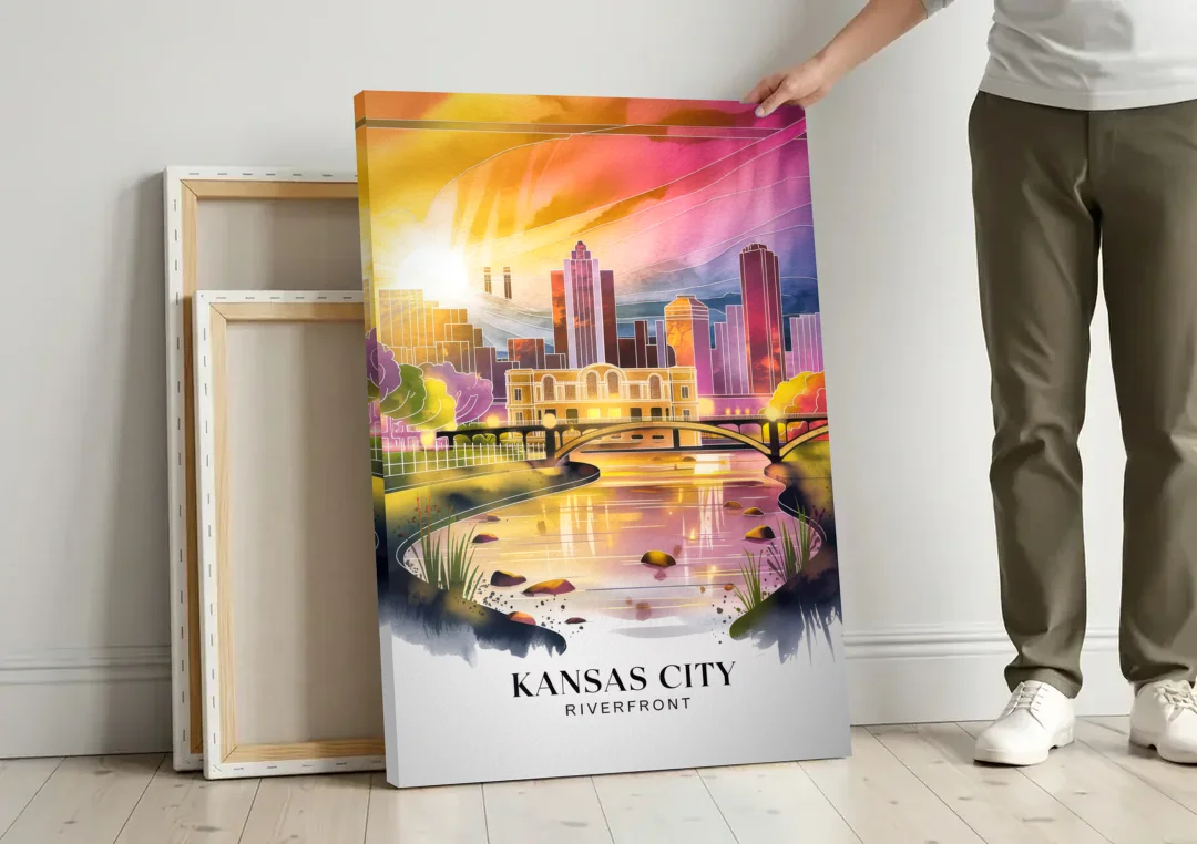 Kansas City Scenic Riverfront canvas wall art leaning against a wall next to blank canvases