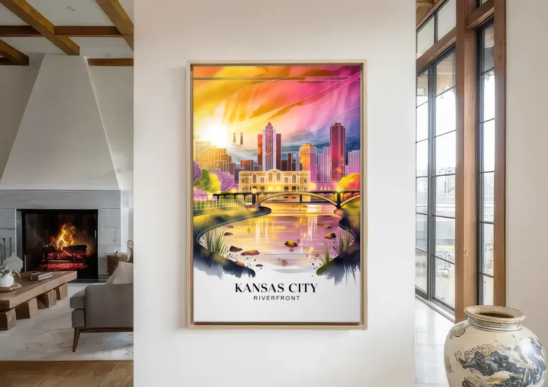 Kansas City Scenic Riverfront canvas wall art in a living room with a fireplace