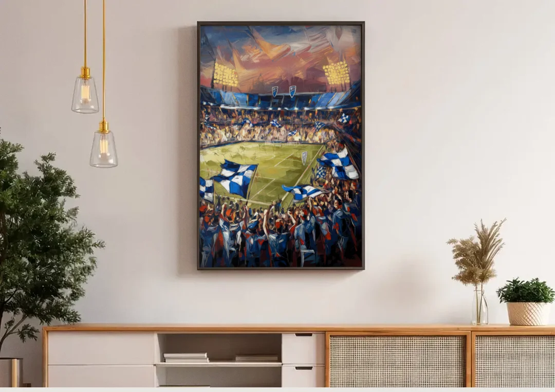 Kansas City Sporting KC Tribute canvas wall art above a wooden sideboard under pendant lights