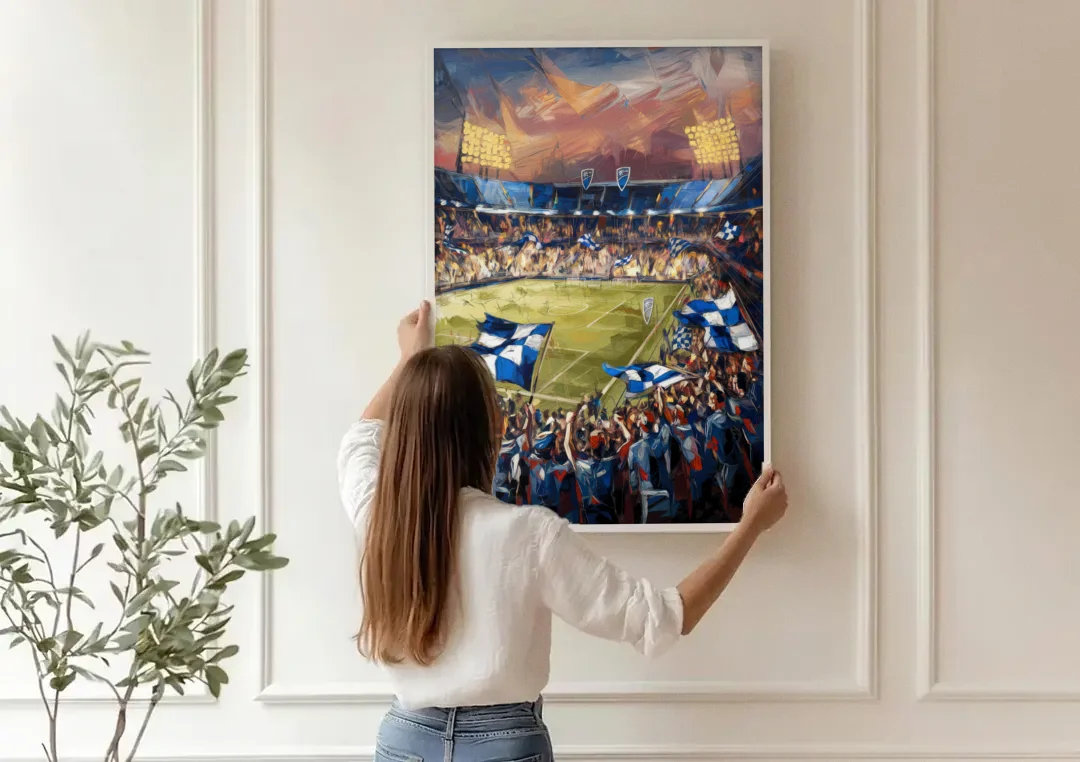 Kansas City Sporting KC Tribute canvas wall art being hung on a paneled wall