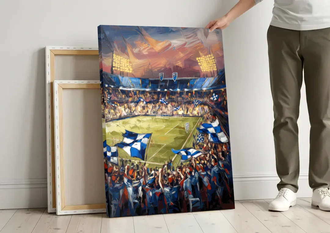 Kansas City Sporting KC Tribute canvas wall art leaning against a wall next to blank canvases