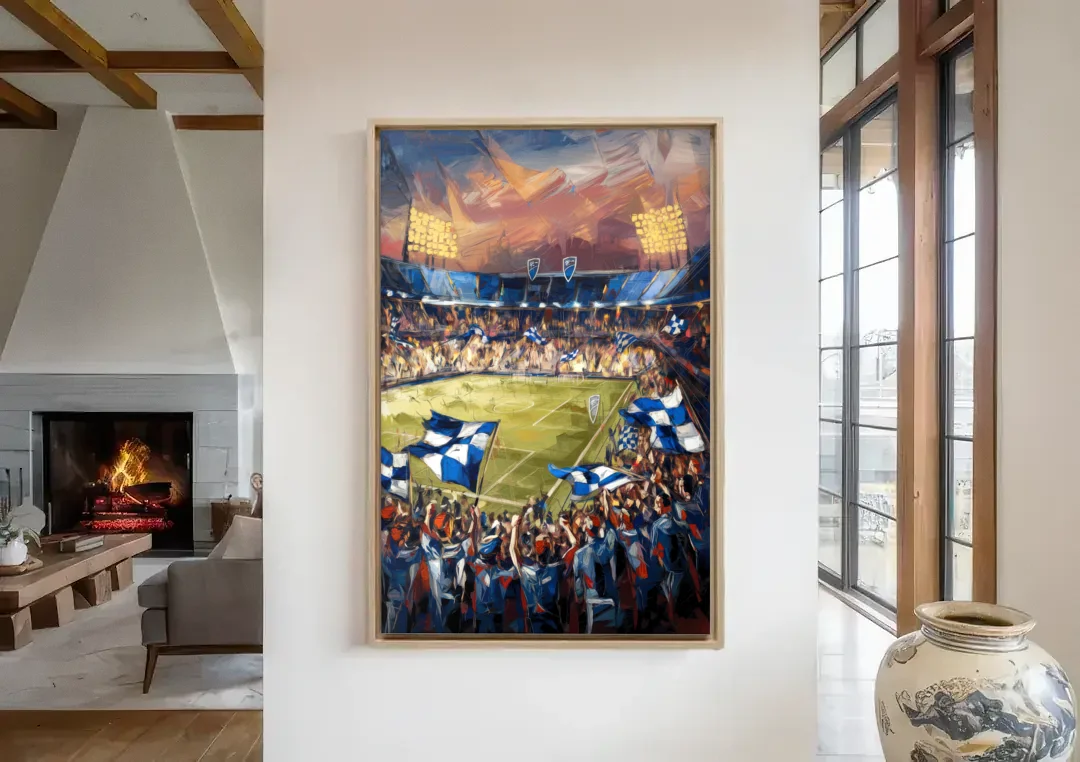Kansas City Sporting KC Tribute canvas wall art in a living room with a fireplace