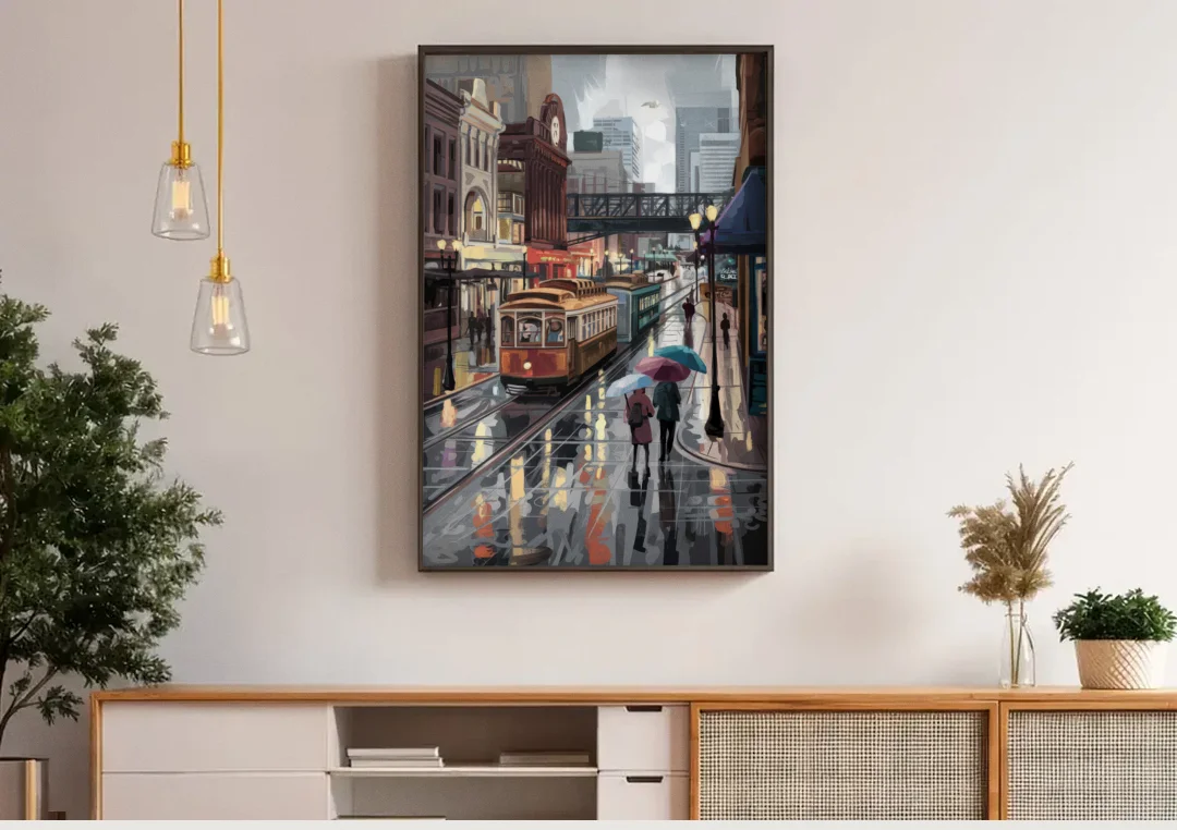 Kansas City Street Scenes canvas wall art above a wooden sideboard under pendant lights