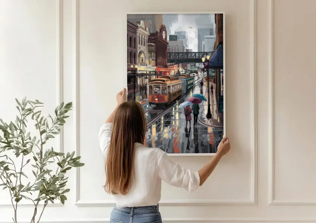 Kansas City Street Scenes canvas wall art being hung on a paneled wall