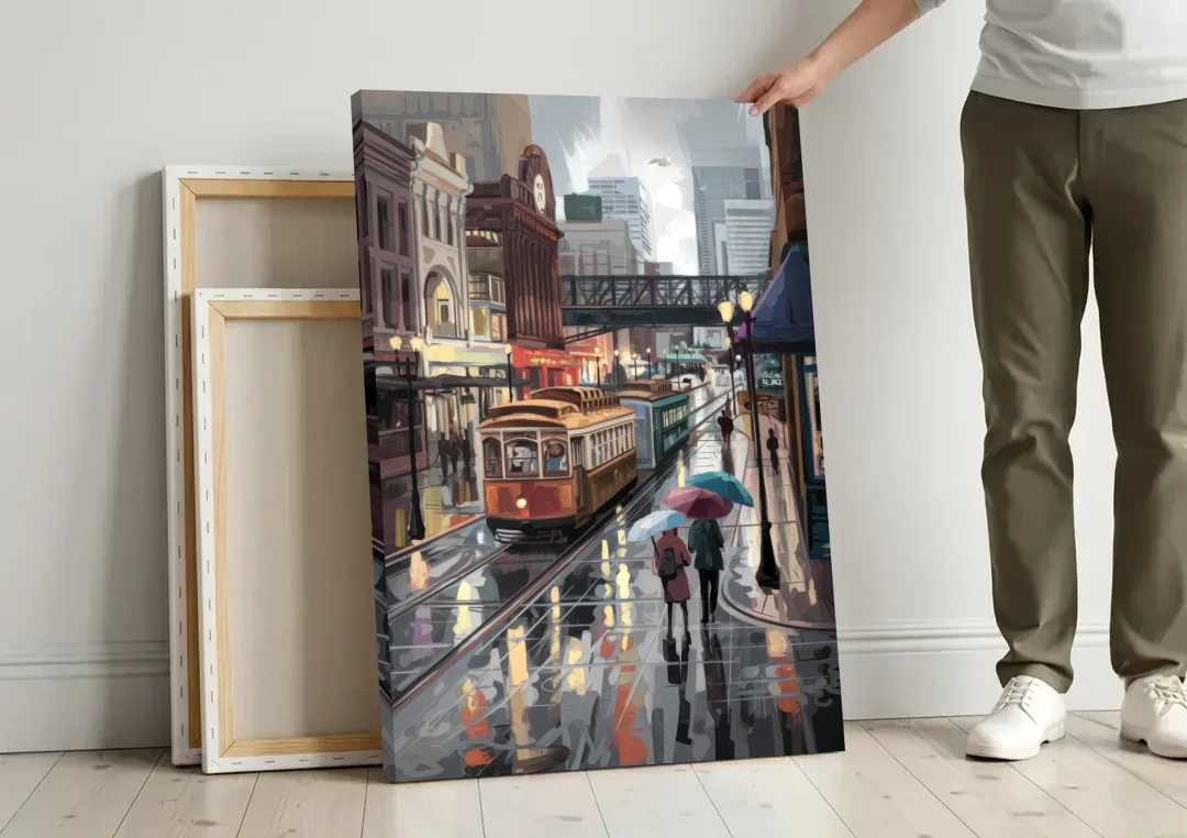 Kansas City Street Scenes canvas wall art leaning against a wall next to blank canvases