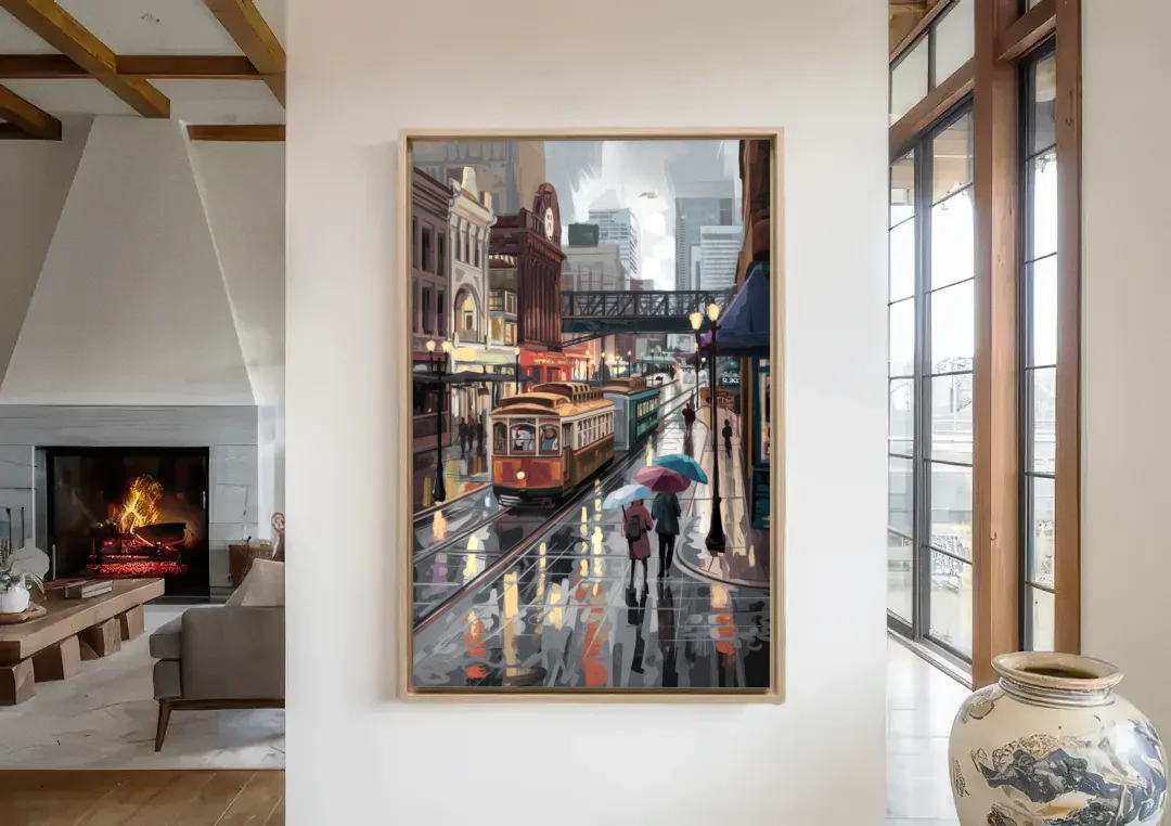 Kansas City Street Scenes canvas wall art in a living room with a fireplace