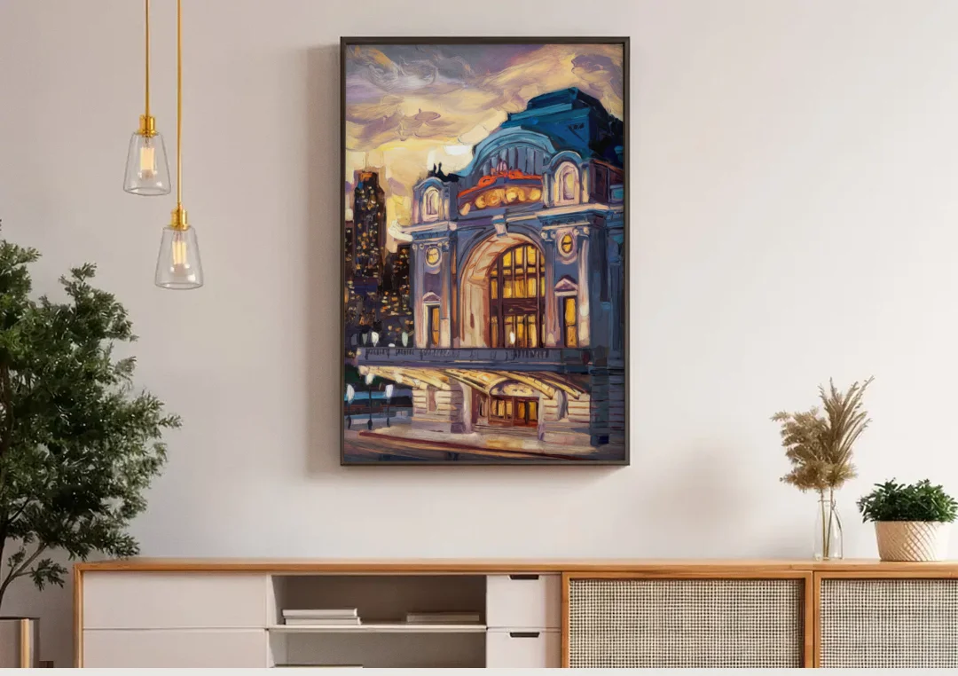 Kansas City Union Station canvas wall art above a wooden sideboard under pendant lights